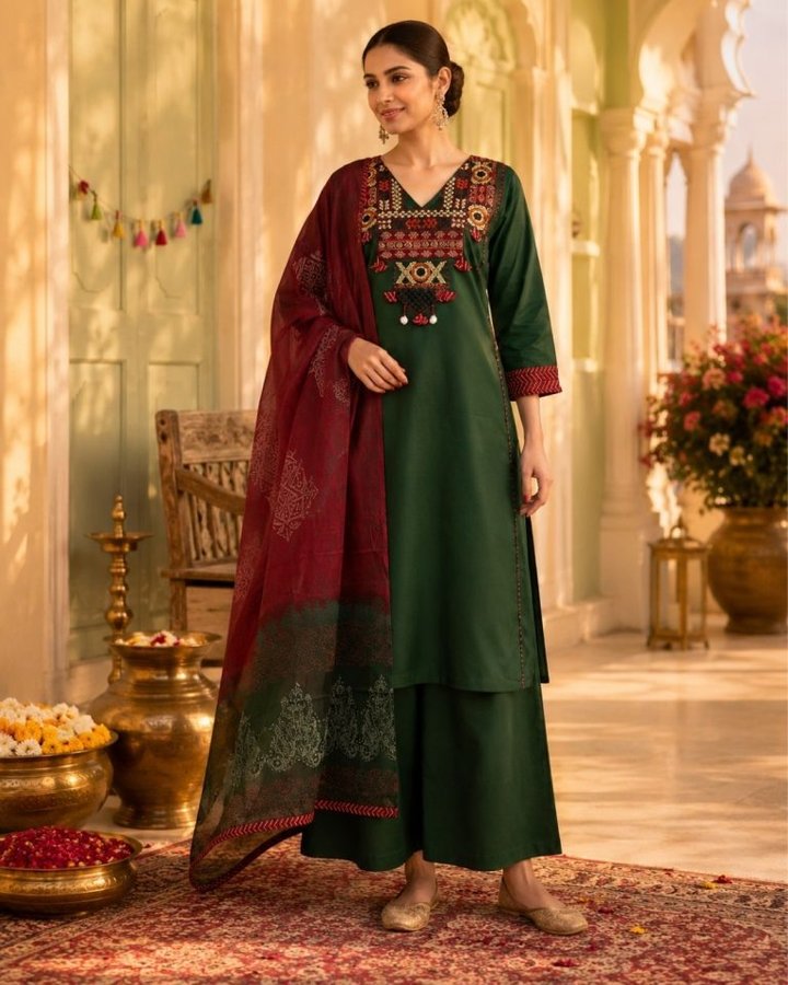 Green embroidered suit set