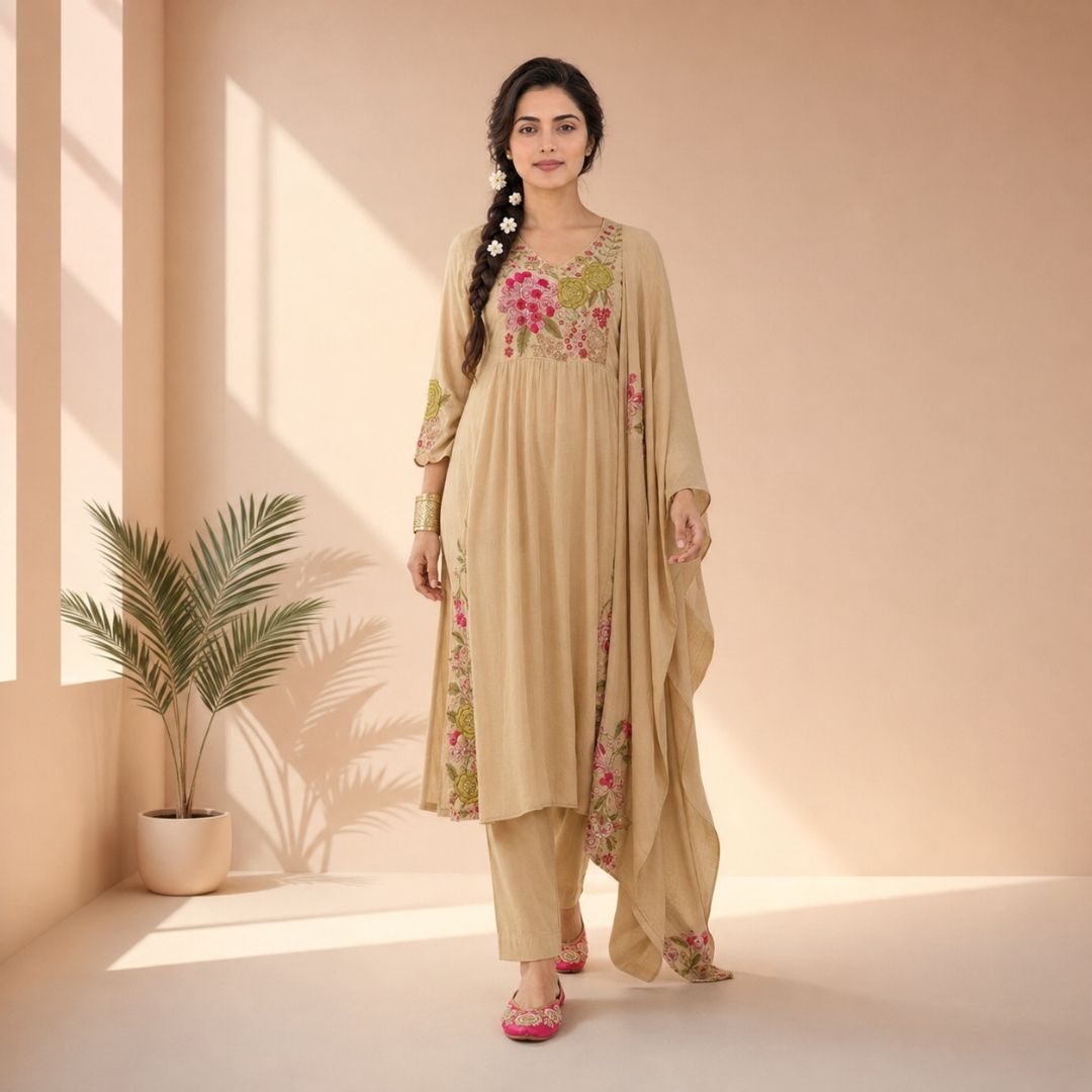 VEDIKA – Beige Anarkali Suit Set
