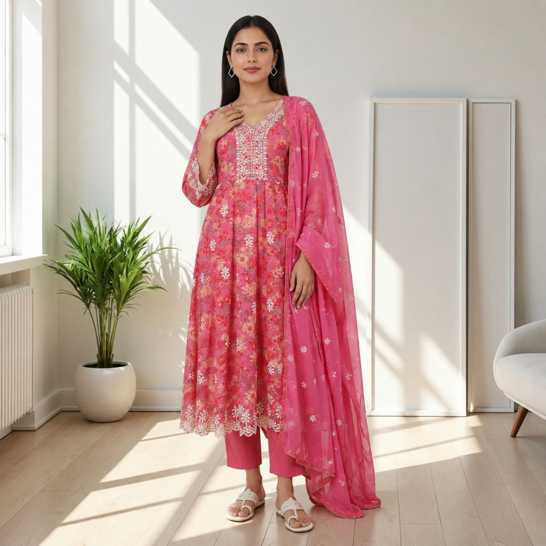 BUNAVAT – Pink Anarkali Suit Set