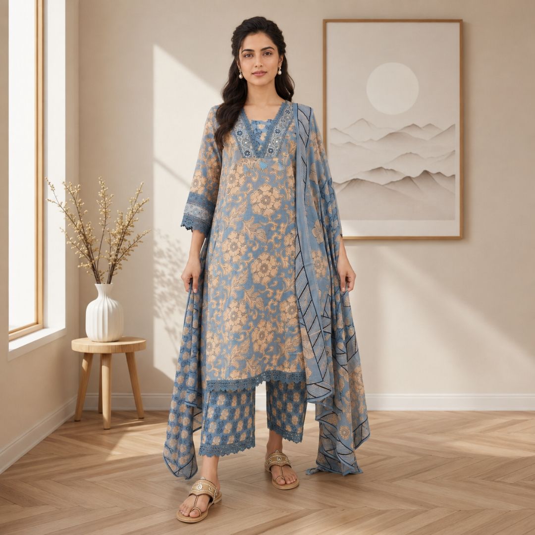 Muskaan – Blue Pure Cotton Embroidered Suit Set
