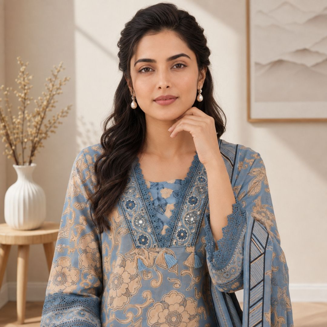 Muskaan – Blue Pure Cotton Embroidered Suit Set view 2
