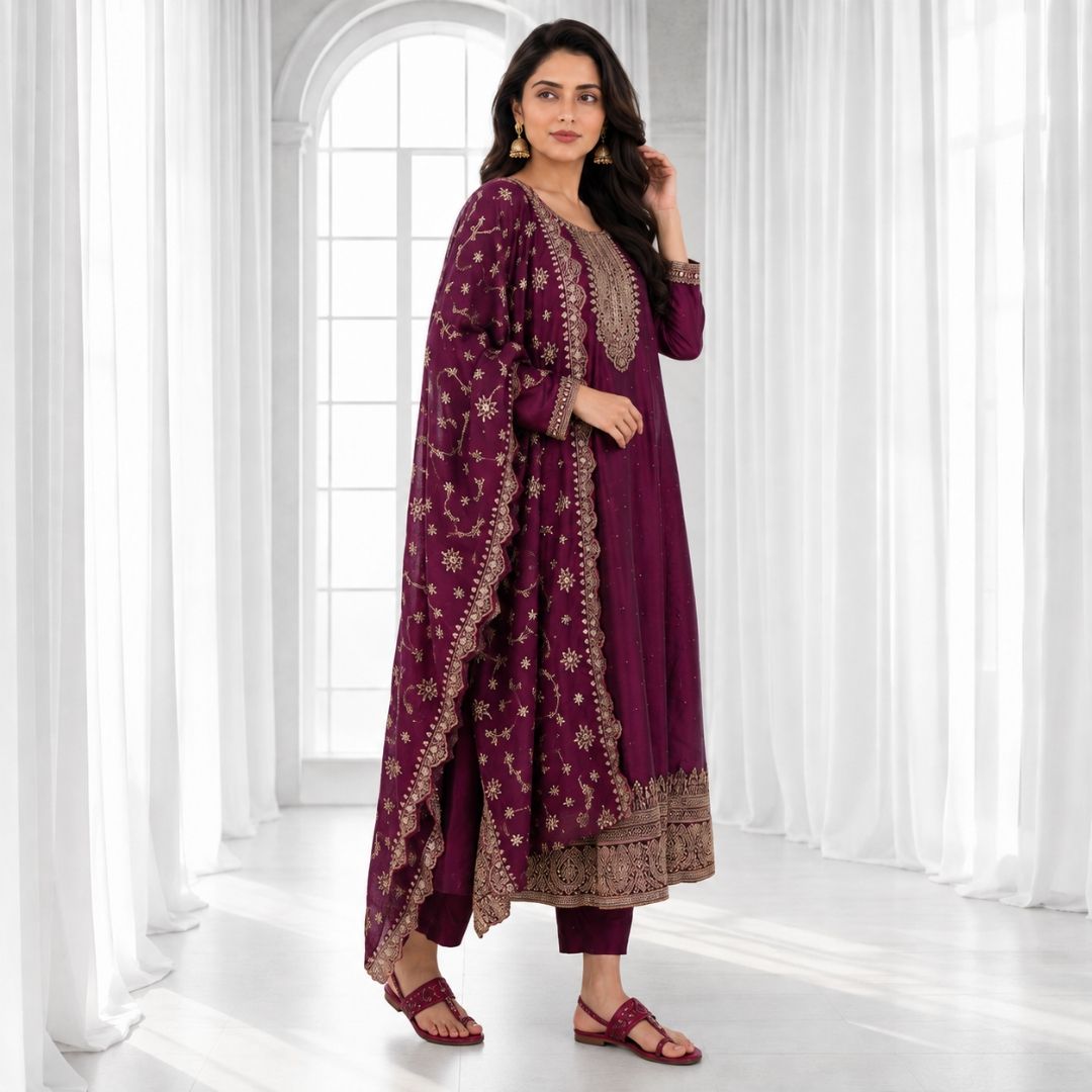 AARVI – Wine Anarkali Suit Set view 3