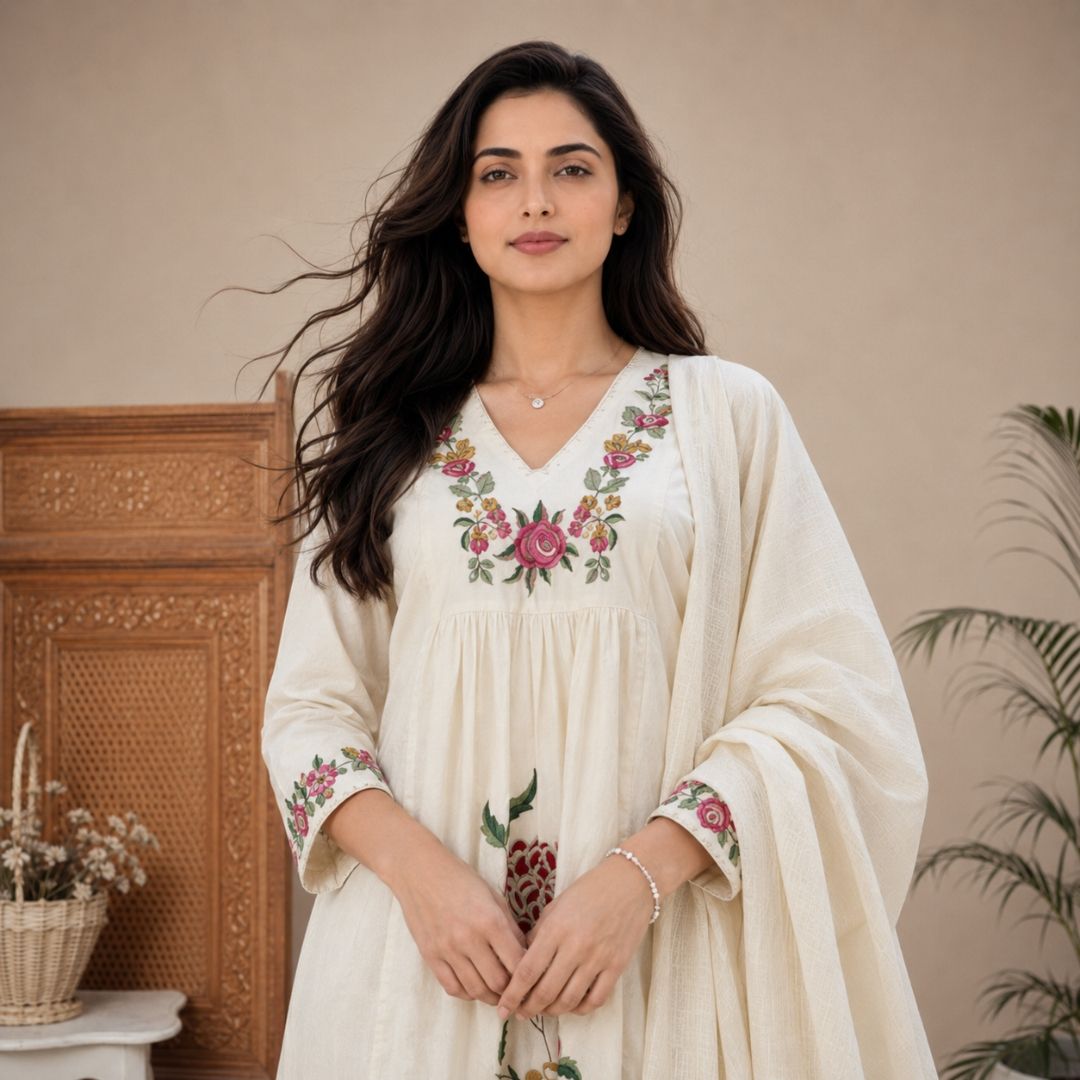 NAYAB – Ivory Anarkali Suit Set view 2
