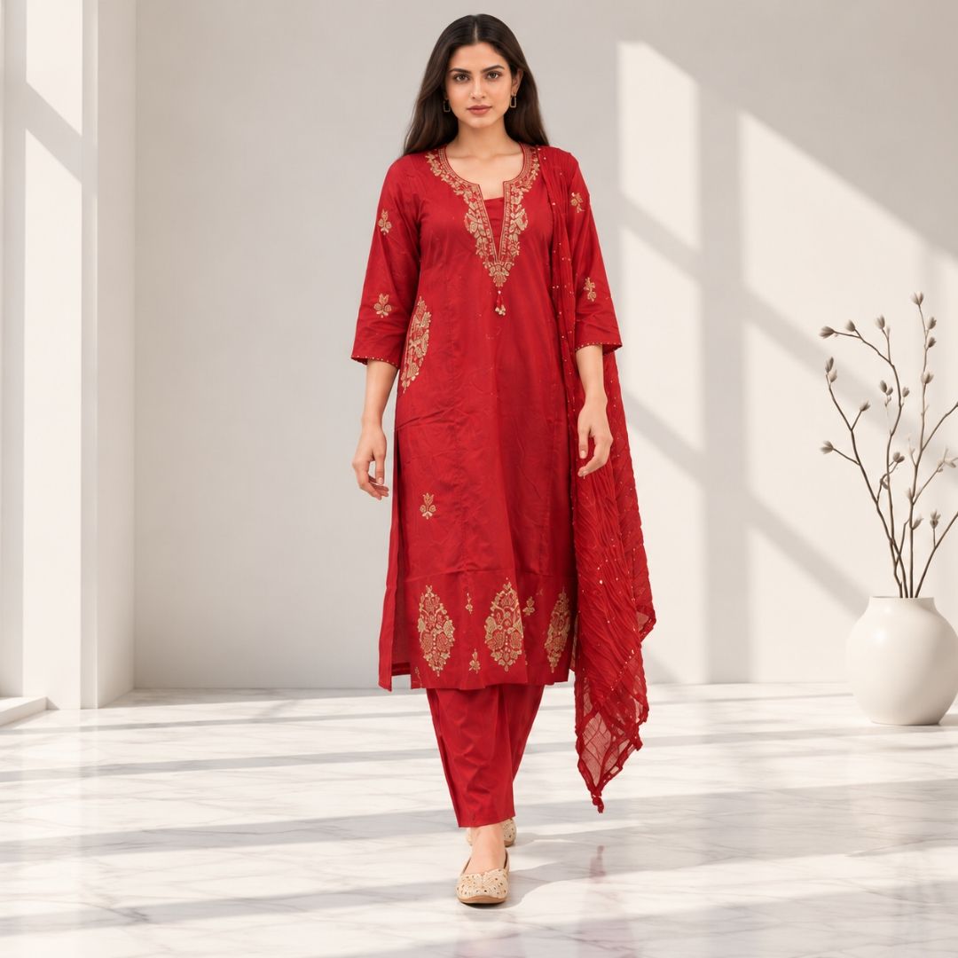 Trishna – Maroon Red Embroidered Cotton Suit Set view 3