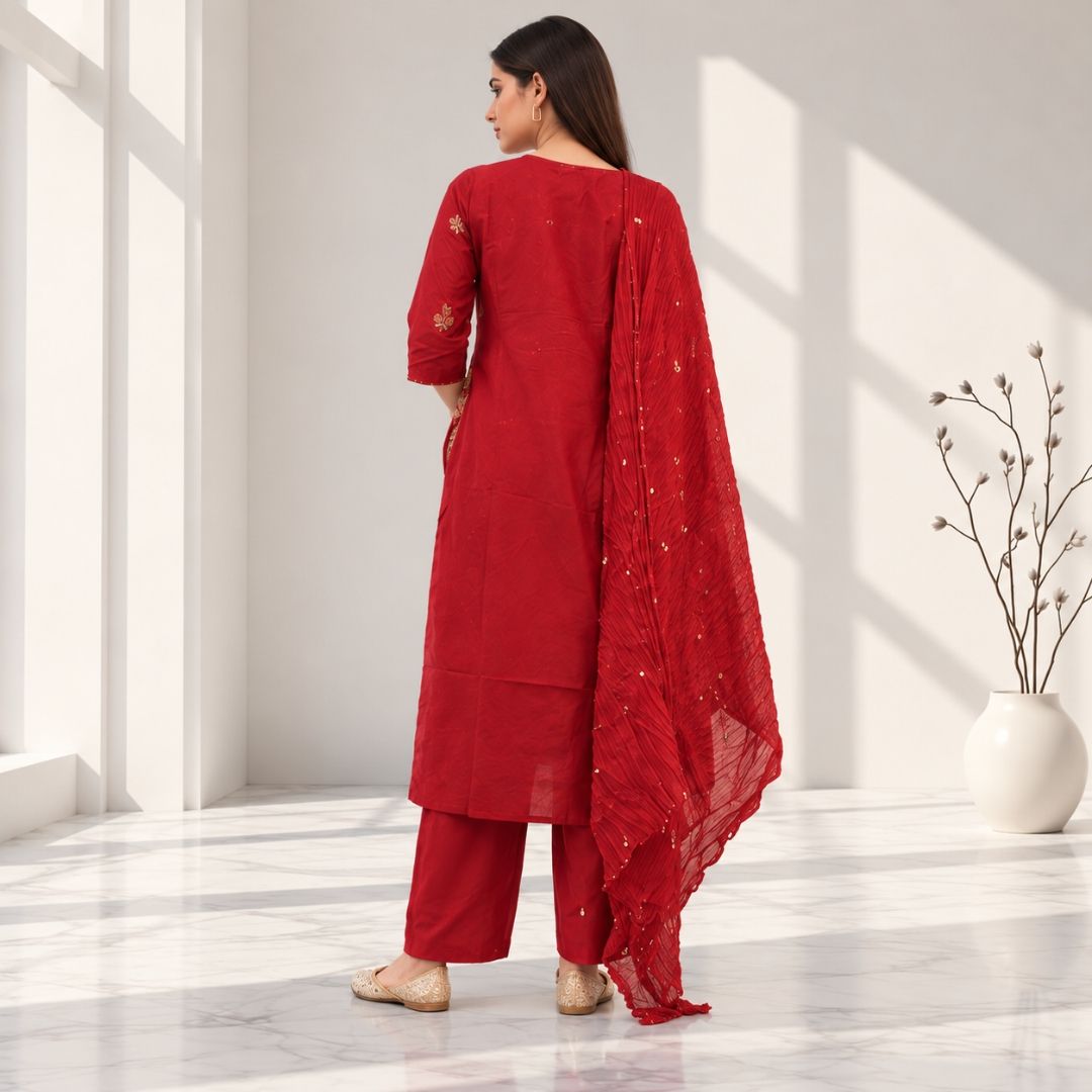 Trishna – Maroon Red Embroidered Cotton Suit Set view 4