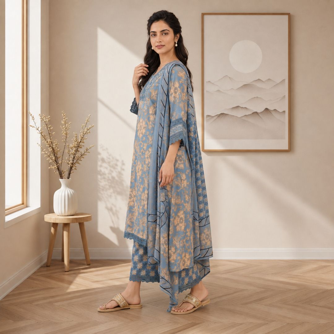 Muskaan – Blue Pure Cotton Embroidered Suit Set view 4