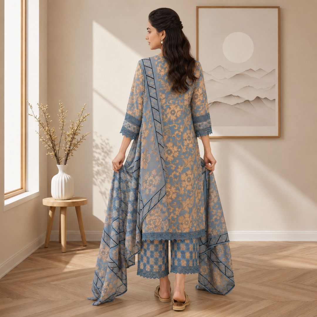Muskaan – Blue Pure Cotton Embroidered Suit Set view 3
