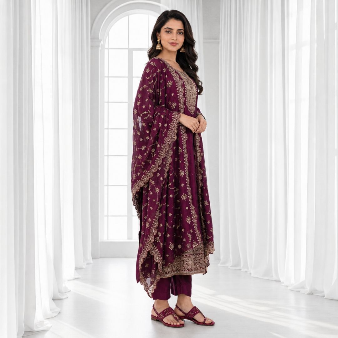 AARVI – Wine Anarkali Suit Set view 2