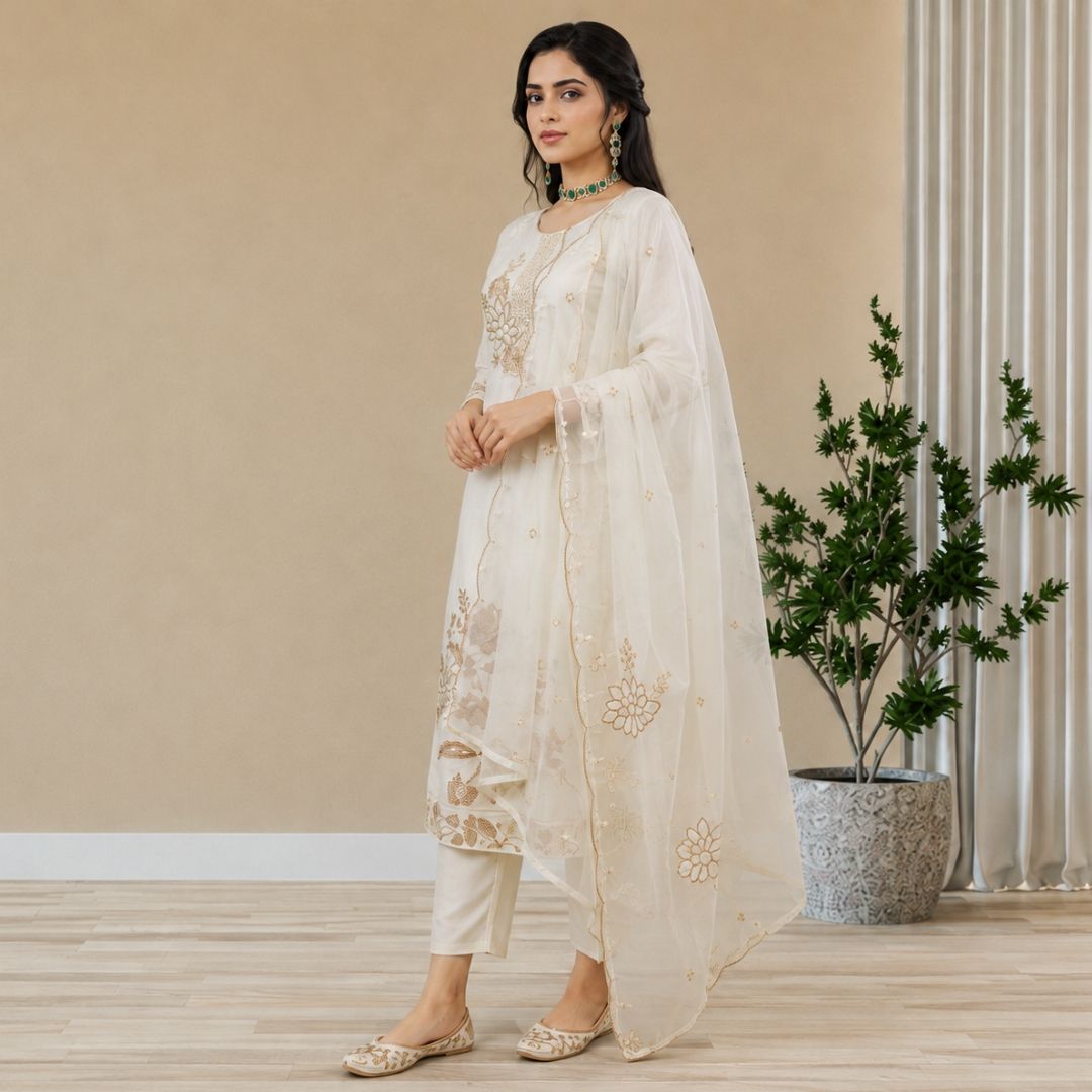 PAKIZA – Ivory Organza Suit Set view 3